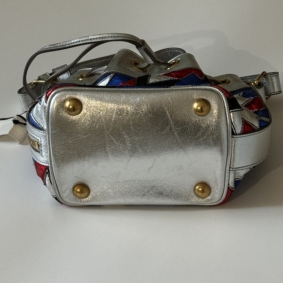 SAINT LAURENT BUCKET BAG PURSE New YSL Yves SILVER RED BLUE LEATHER CROSSBODY - Picture 7 of 11